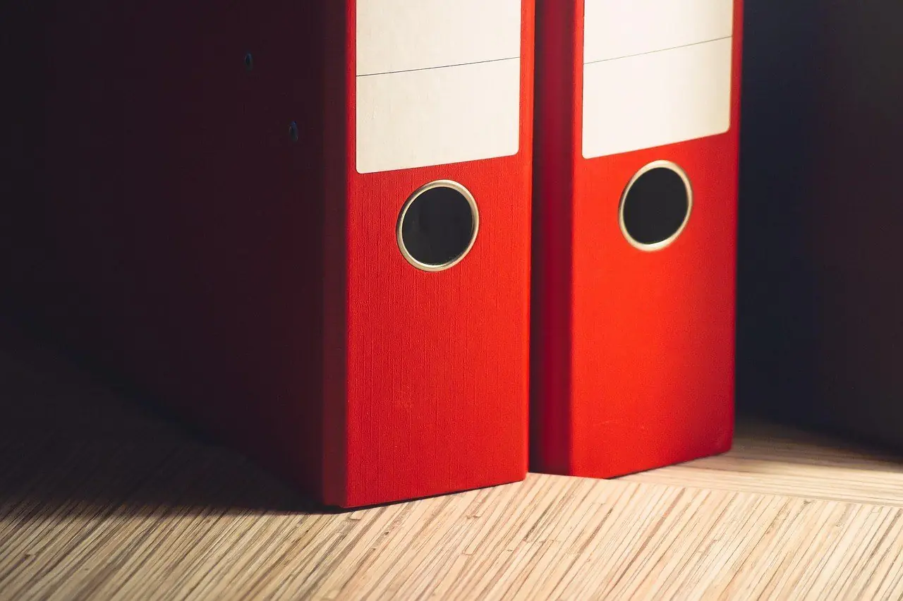 Two red lever arch files standing on a desk