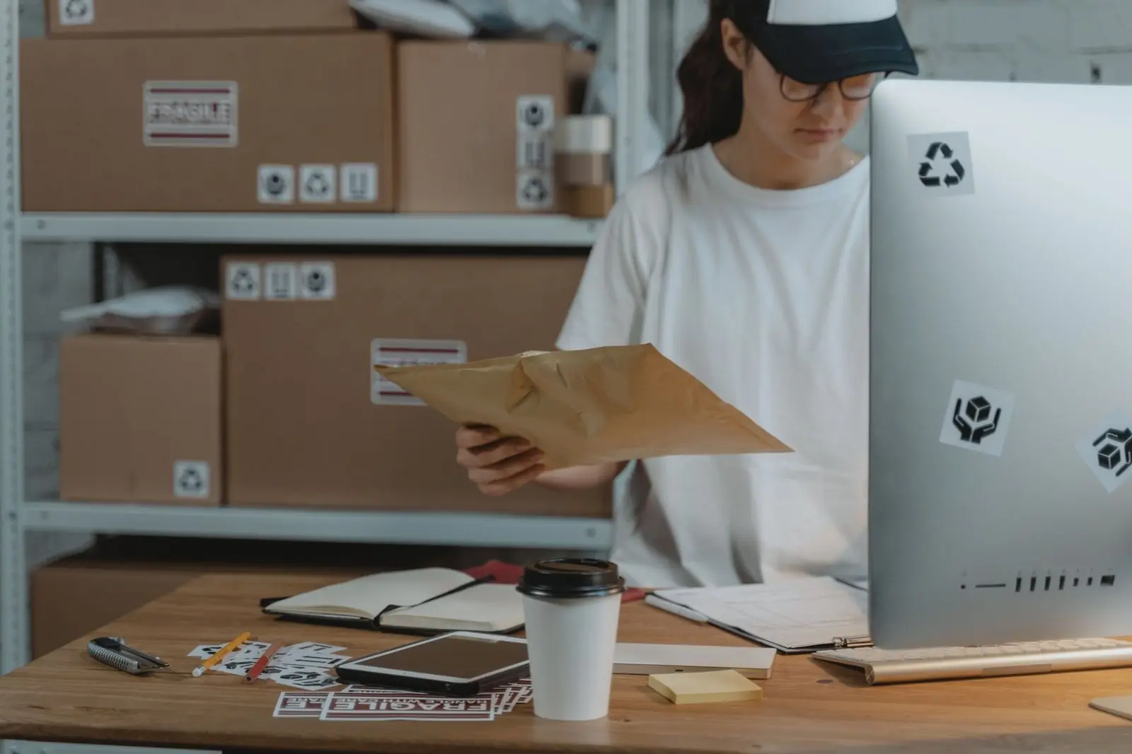 Woman checking an envelope of shipping paperwork beside stacked parcels