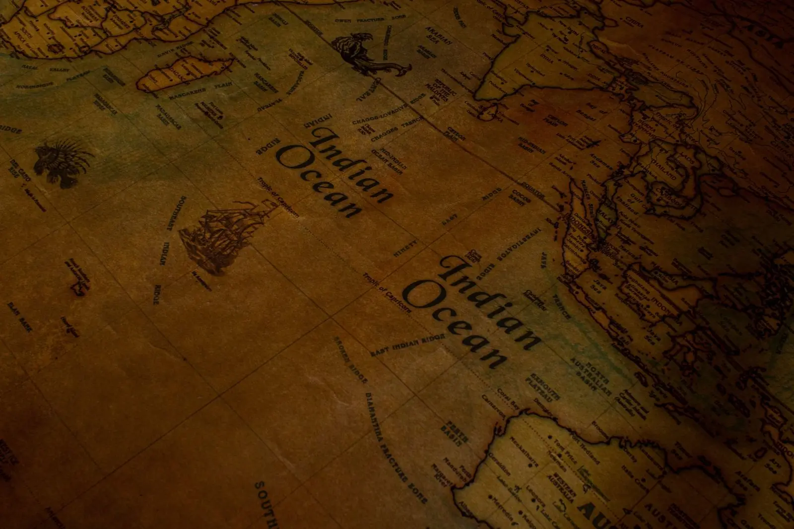 Close view of an old map showing the Indian Ocean